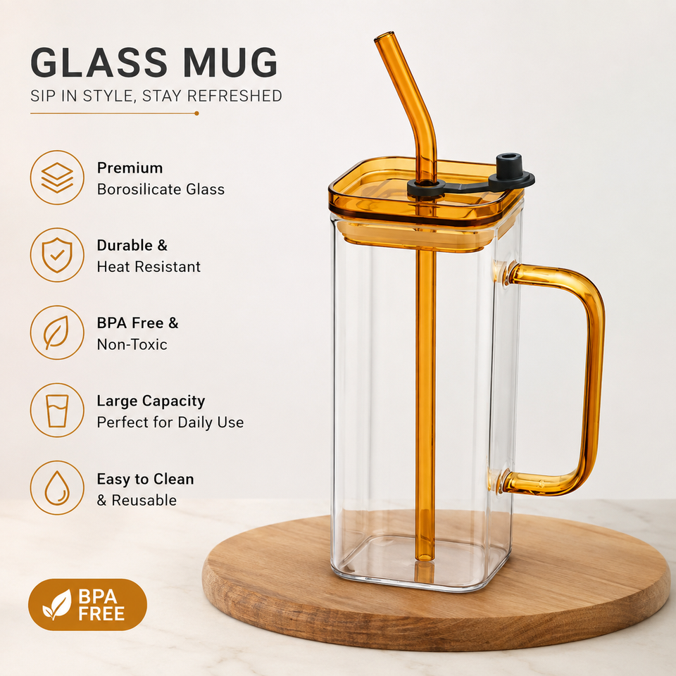 Premium Borosilicate Glass Mug with Lid, Handle & Reusable Straw – Heat Resistant Drink Cup