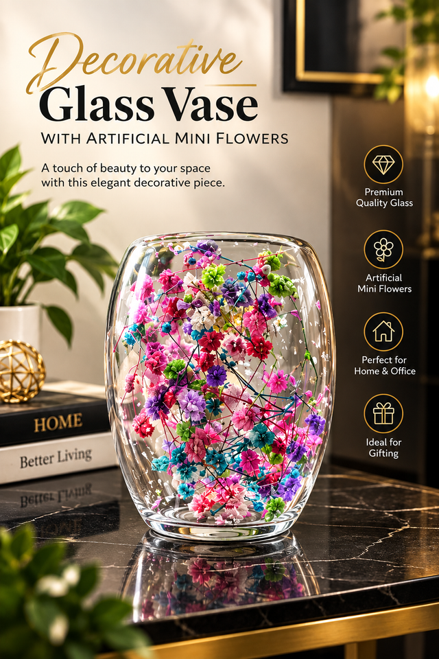Decorative Glass Vase with Artificial Mini Flowers – Elegant Home & Office Table Decor