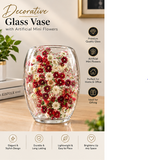 Decorative Glass Vase with Artificial Mini Flowers – Elegant Home & Office Table Decor