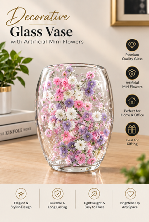 Decorative Glass Vase with Artificial Mini Flowers – Elegant Home & Office Table Decor