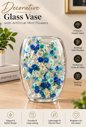 Decorative Glass Vase with Artificial Mini Flowers – Elegant Home & Office Table Decor