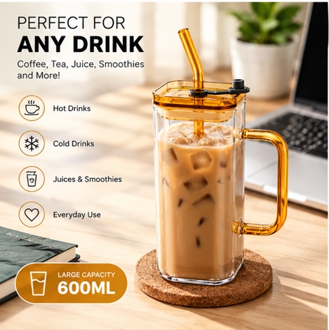 Premium Borosilicate Glass Mug with Lid, Handle & Reusable Straw – Heat Resistant Drink Cup