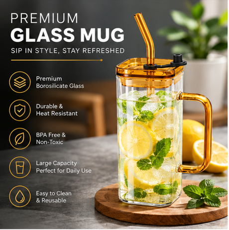 Premium Borosilicate Glass Mug with Lid, Handle & Reusable Straw – Heat Resistant Drink Cup